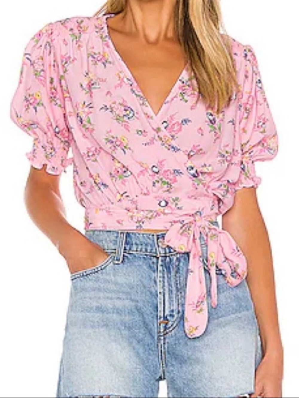 Faithfull the Brand Pink Floral Wrap Tie Crop Top
